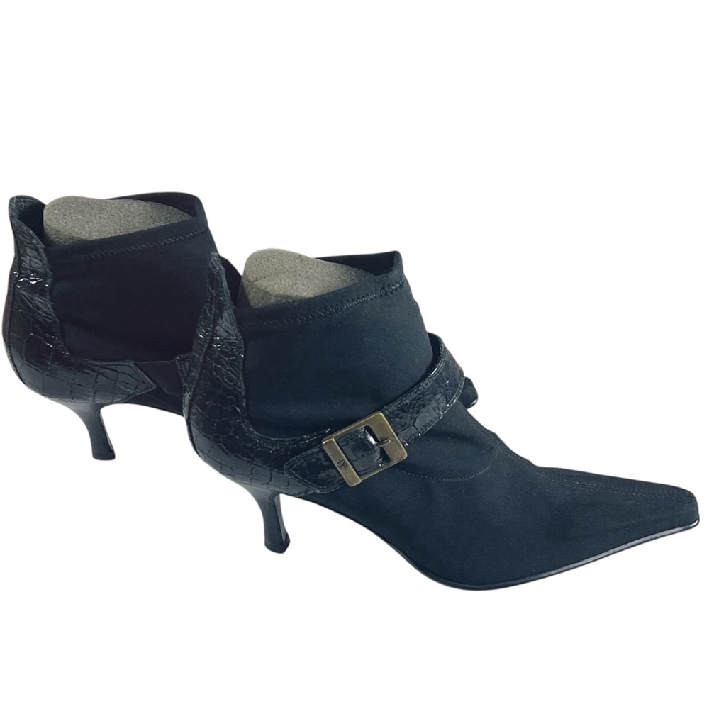 Donald J. Pliner Black Pointed Toe Stretch‎ & Leather Croc Kitten Heel Booties